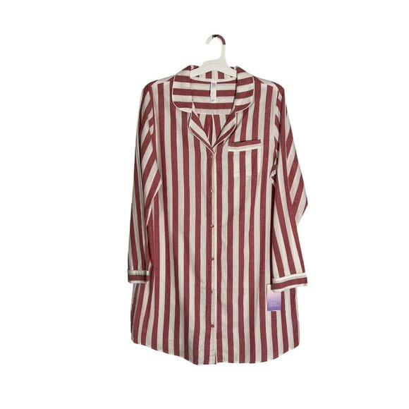 Red & White Striped Button-Down Nightshirt By Stars Above Long Sleeves Flannel L - Picture 2 of 11